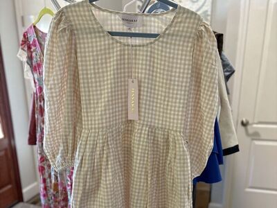 NWT JESSAKAE puff sleeve pocket checkered gingham beige women size XSmall Dress $60 cash/venmo in Draper