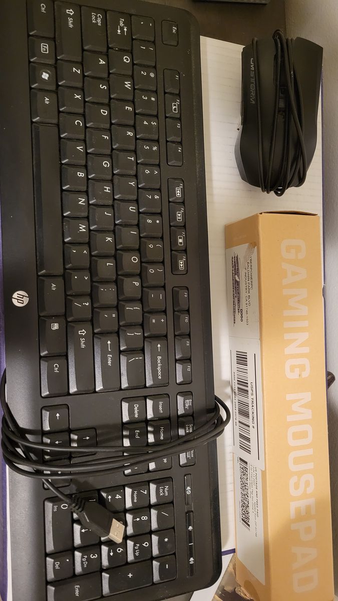 Cooler Master Mouse, HP Keyboard, and CyberPowerPC Mouse Pad