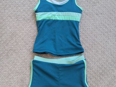 Girls Ribbed Green/Blue Color-Block Tankini Swimsuit with Boyshort, size 9-10 year