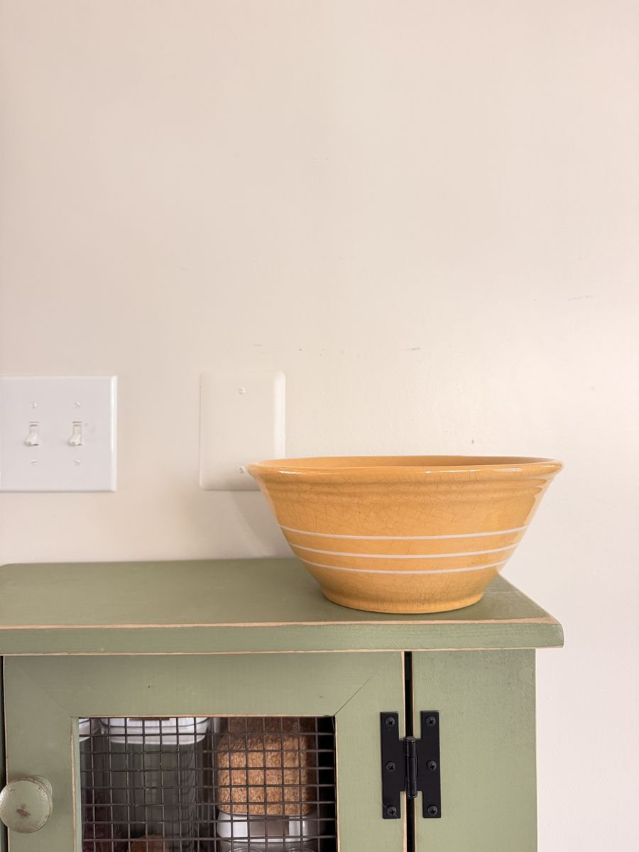 Vintage Style Yellow Ceramic Mixing Bowl with White Striping