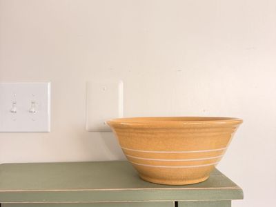 Vintage Style Yellow Ceramic Mixing Bowl with White Striping
