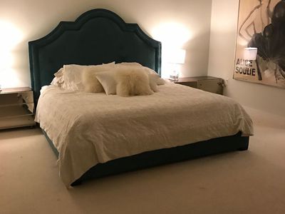 Bernhardt Upholstered King Bed + 2 Nightstands, Moving Sale