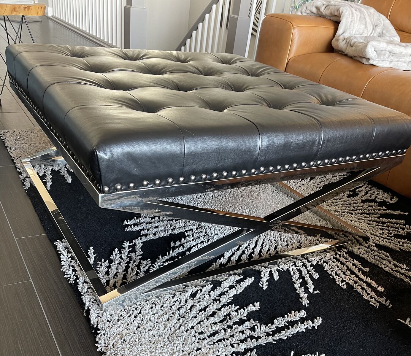Modern Tufted Leather Coffee Table with Chrome X-Base