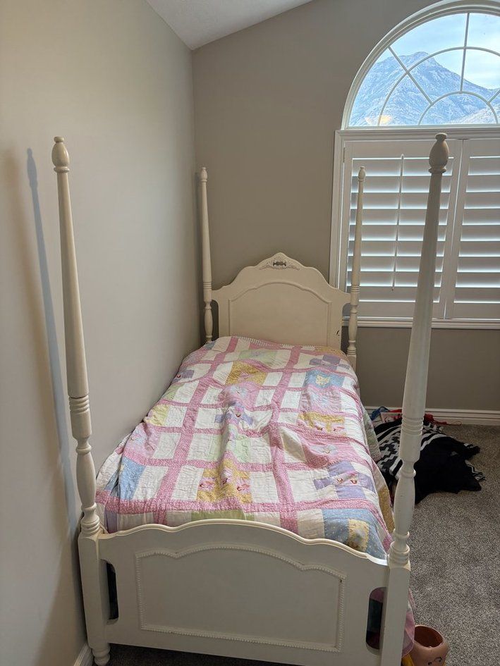 White Wooden Twin Four-Poster Bed Frame good condition.  