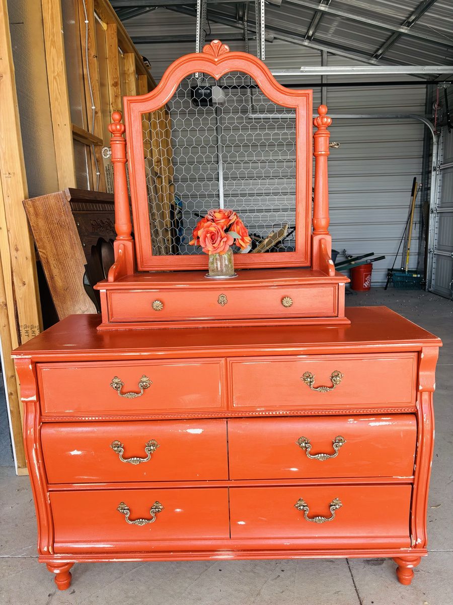 Vintage Coral Orange Dresser with Chicken Wire Mirror, 6-Drawer
