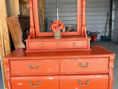 Vintage Coral Orange Dresser with Chicken Wire Mirror, 6-Drawer