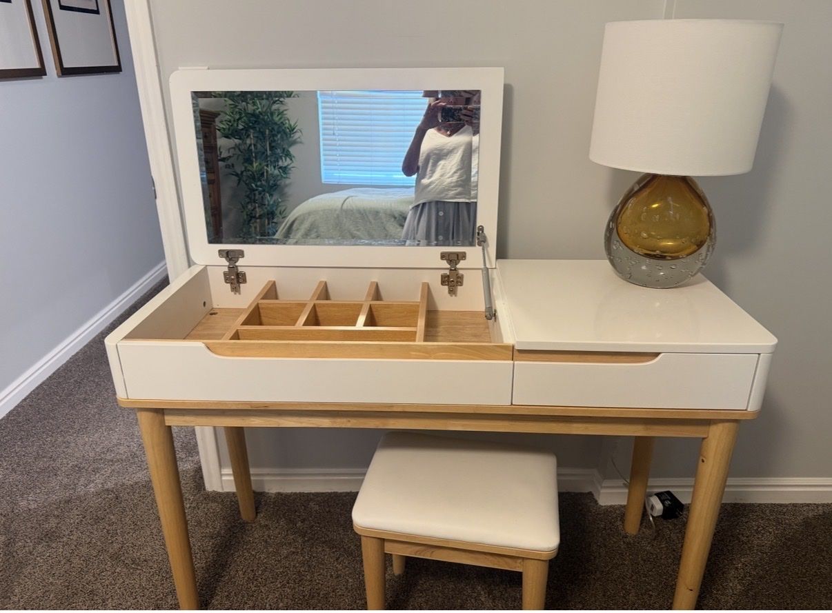 White Vanity Desk with Mirror & Storage, Wood Legs, Includes Stool, Modern Design