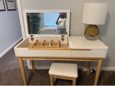 White Vanity Desk with Mirror & Storage, Wood Legs, Includes Stool, Modern Design