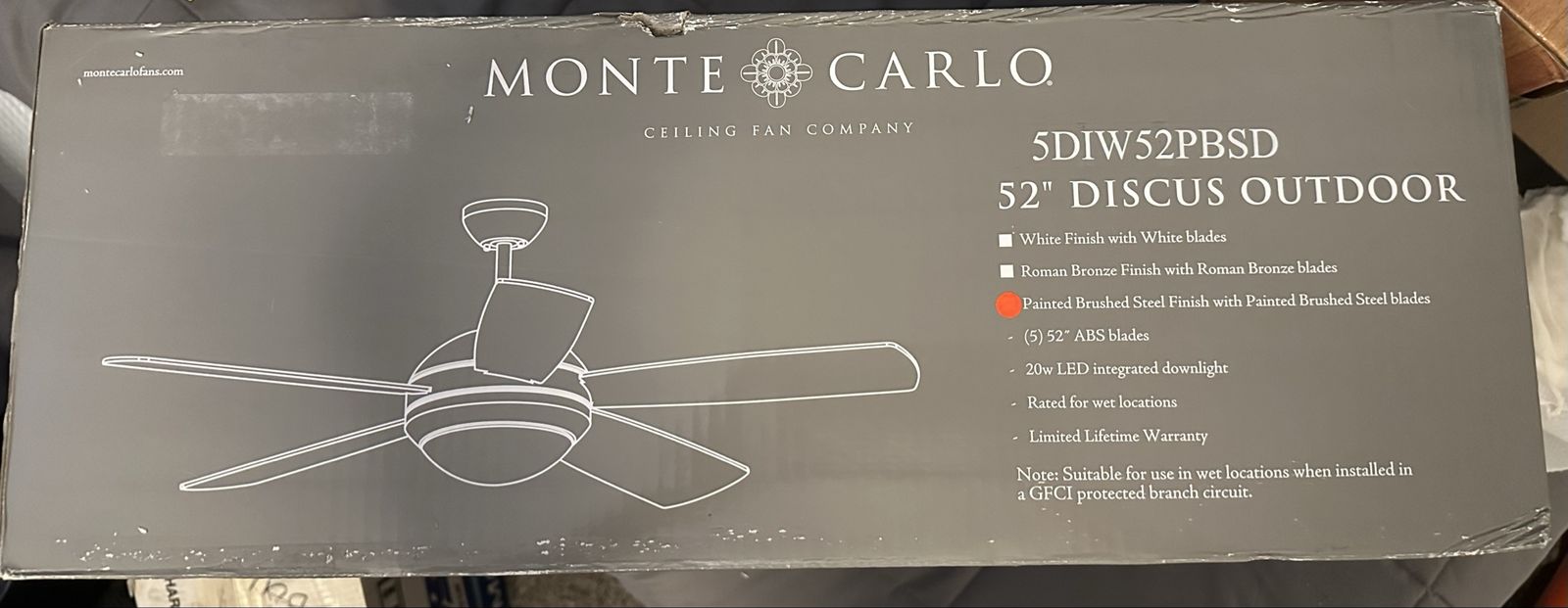 Monte Carlo 52" Discus Outdoor White Ceiling Fan - Painted Brushed Steel