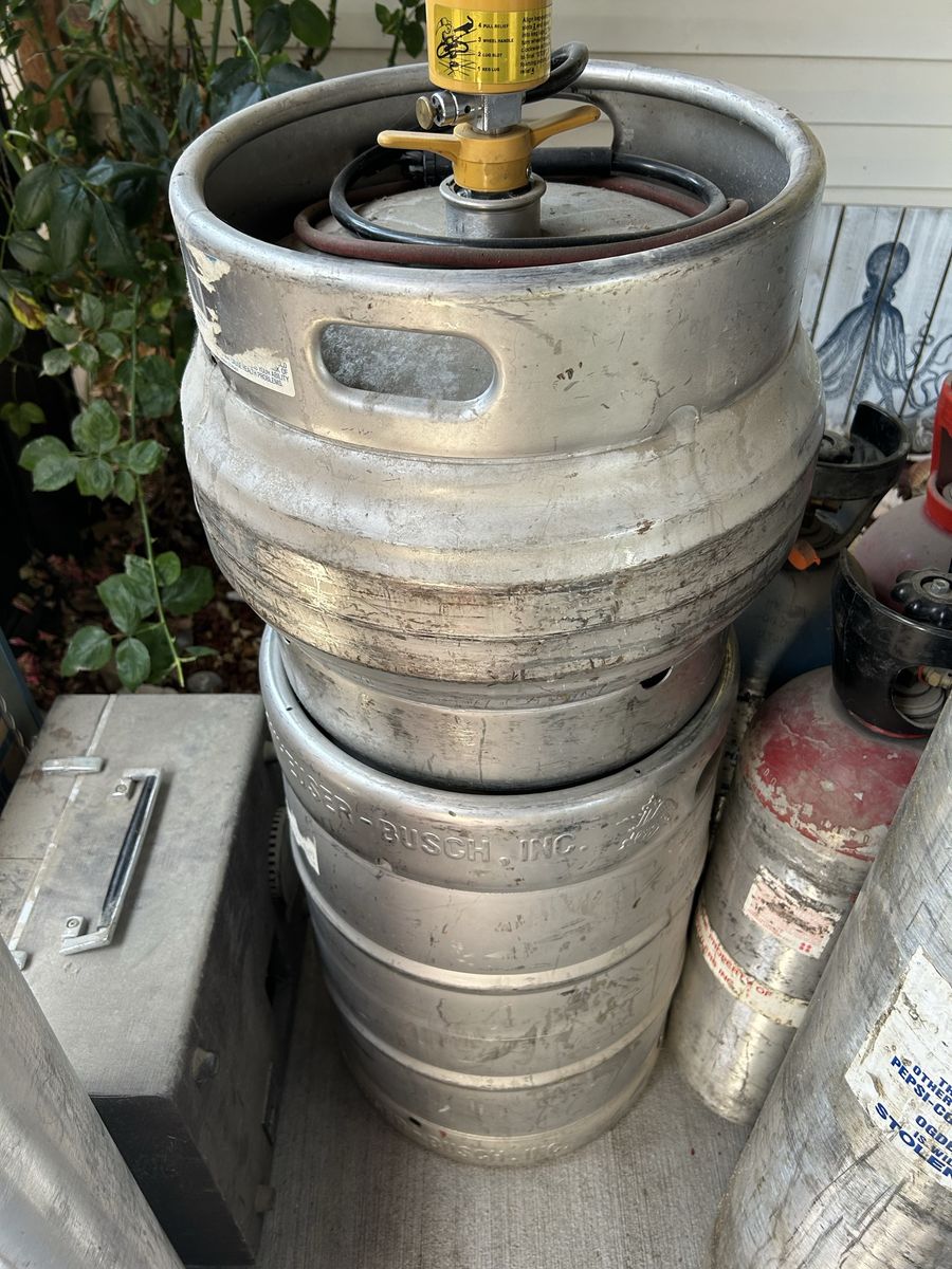 Two Stainless Steel Beer Kegs, Anheuser Busch 15.5 Gallon Aluminum Embossed & Another Smaller One With Tap, See Pics.
