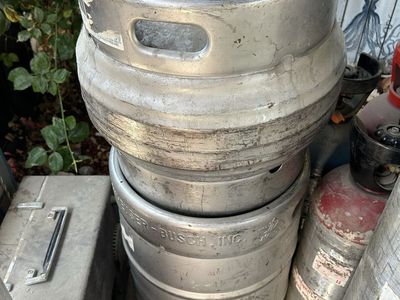 Two Stainless Steel Beer Kegs, Anheuser Busch 15.5 Gallon Aluminum Embossed & Another Smaller One With Tap, See Pics.