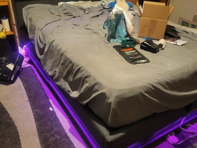 Upholstered LED Storage Bed Frame - Queen Size with Hydraulic Lift and Headboard Shelf