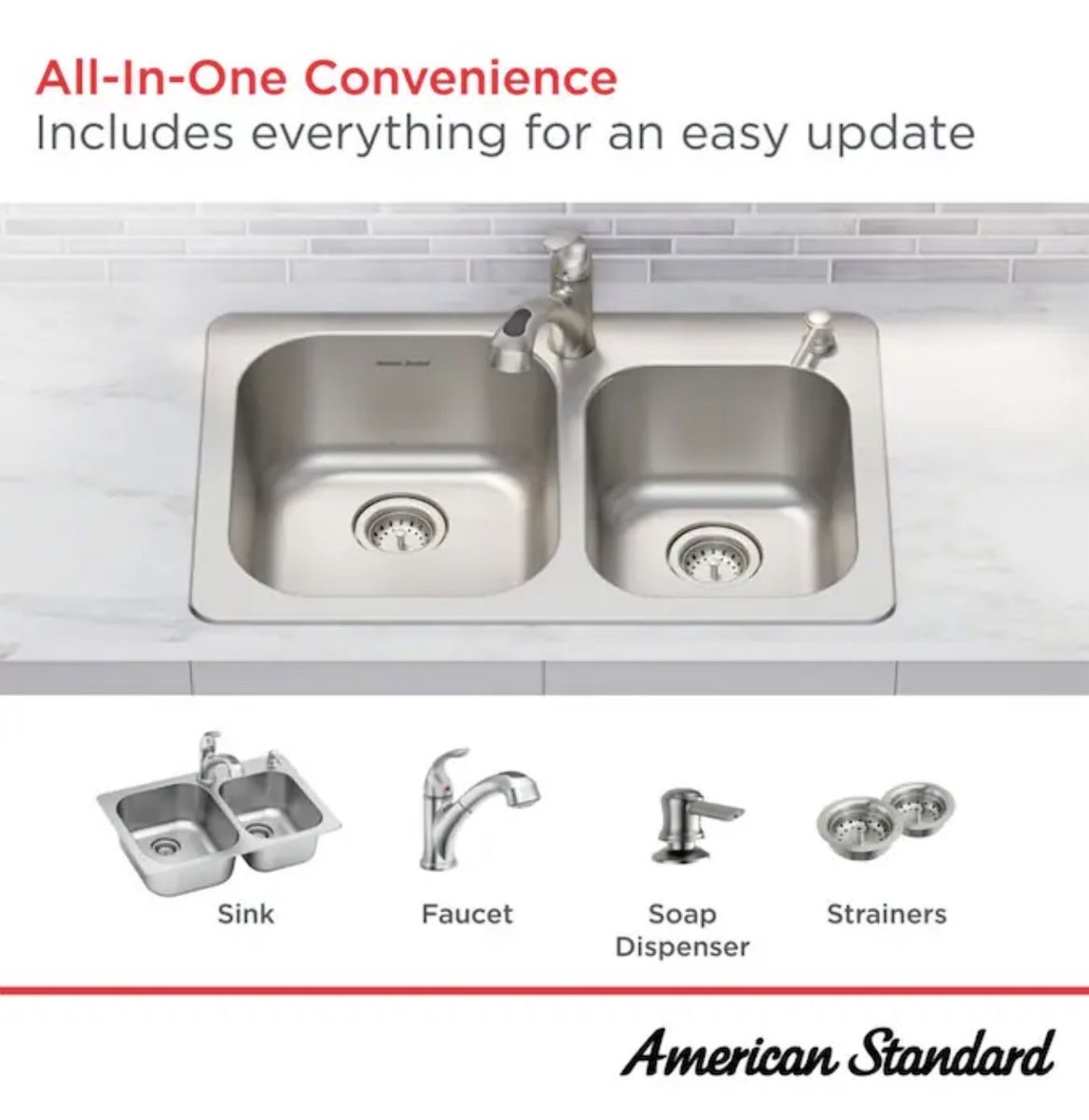 $123 LESS THAN LOWE’S! BRAND NEW IN BOX American Standard drop-in stainless steel ALL-IN-ONE kitchen sink kit