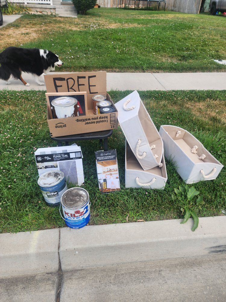 Assorted Household Items: Floor Tiles, Paint, Storage Bins, Shelf Kit - FREE
