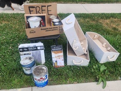 Assorted Household Items: Floor Tiles, Paint, Storage Bins, Shelf Kit - FREE