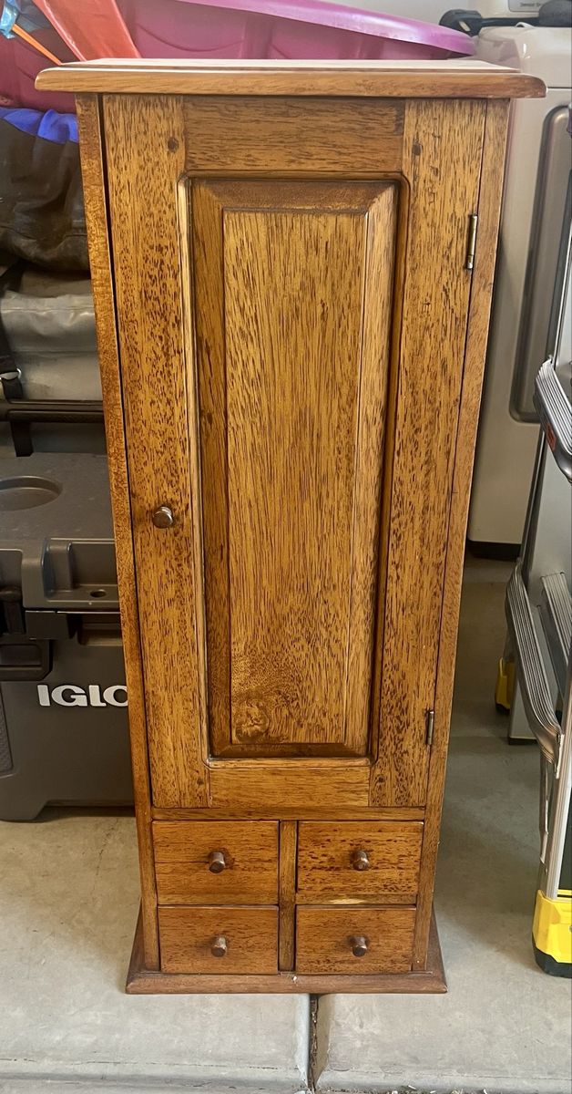 Wooden Storage Cabinet/Jewelry Box with Single Door and Four Small Drawers