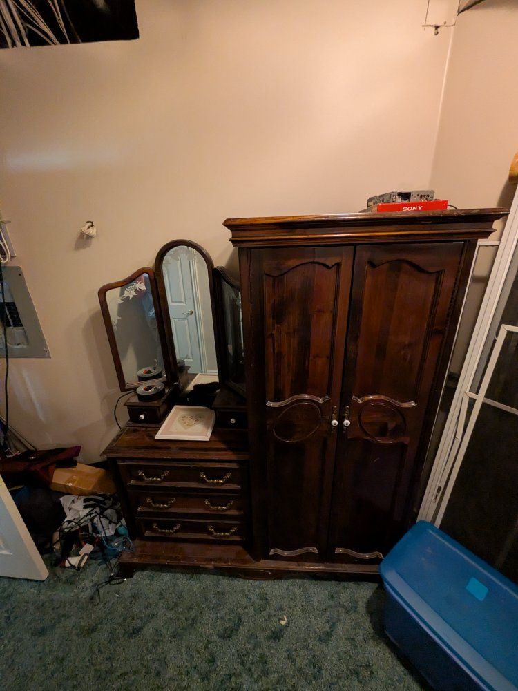 Vintage Wooden Vanity with Triple Mirror and Matching Wardrobe Closet