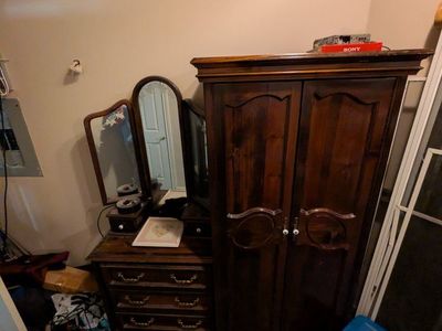 Vintage Wooden Vanity with Triple Mirror and Matching Wardrobe Closet