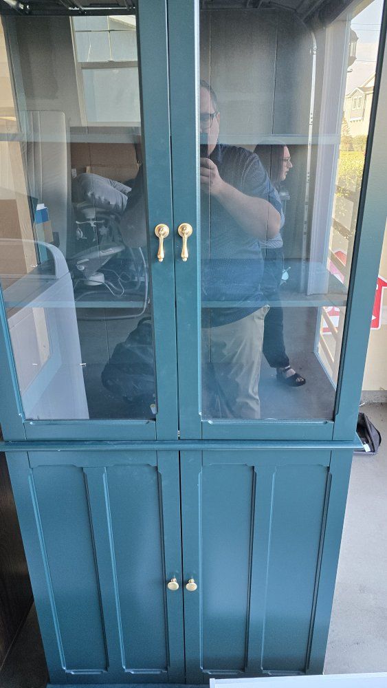 Teal China Cabinet with Glass Doors & Bottom Storage - Two-Piece Display Hutch