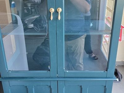 Teal China Cabinet with Glass Doors & Bottom Storage - Two-Piece Display Hutch