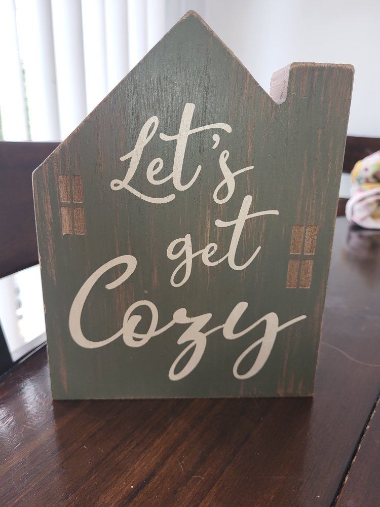 Rustic Farmhouse "Let's Get Cozy" Wood House Sign Decor - Green & White