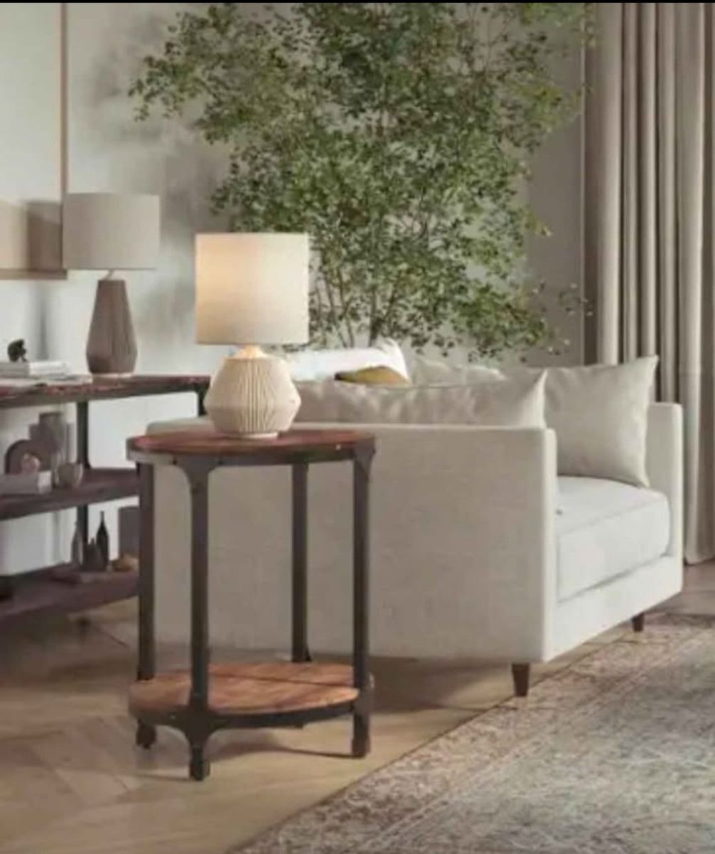 New Jafran Round Chairside Table End Table w/ Steel & Pine Construction.