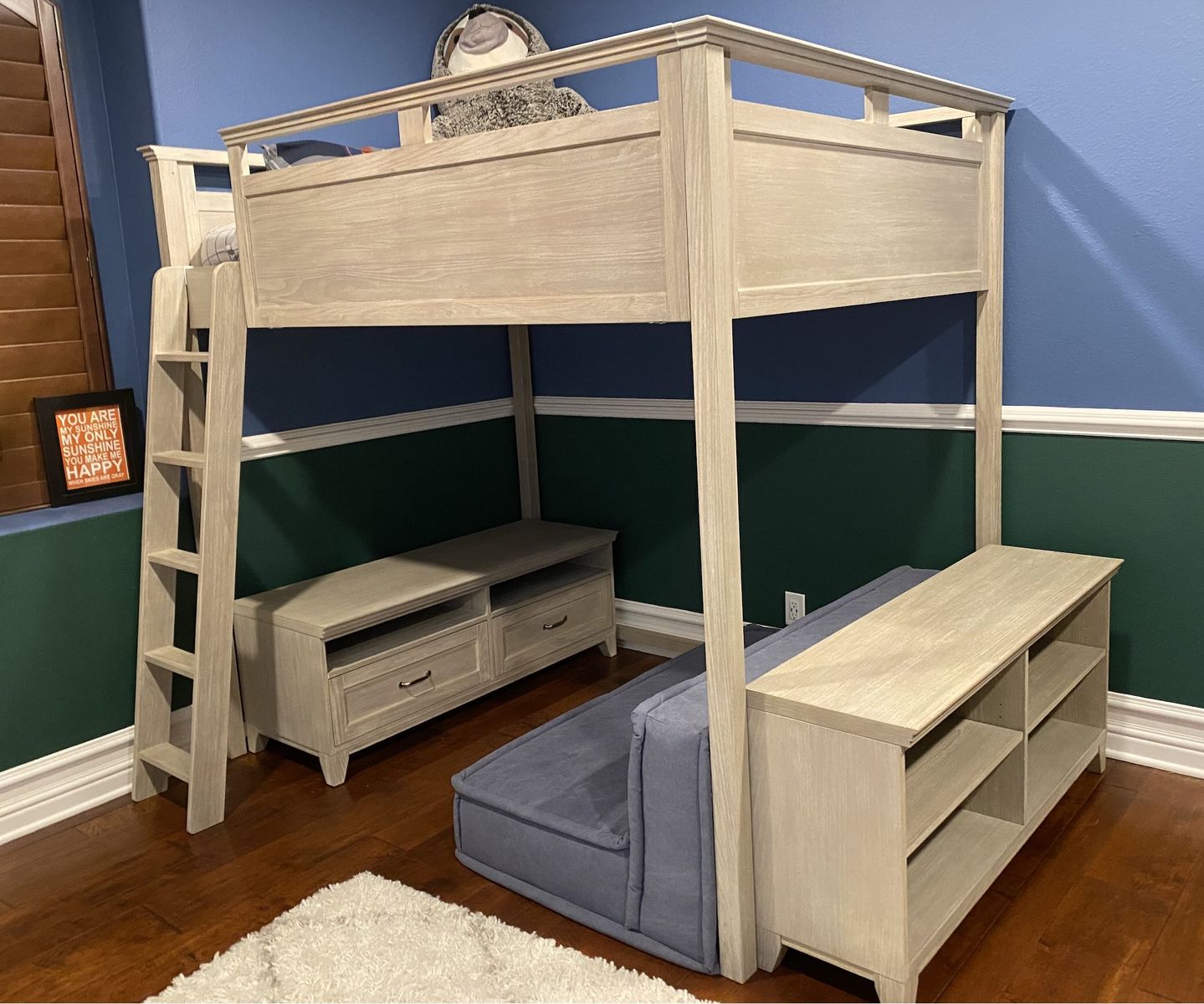 PB Teen Hampton Loft Full Bed with Media & Bookcase Set in  "Brushed Fog"