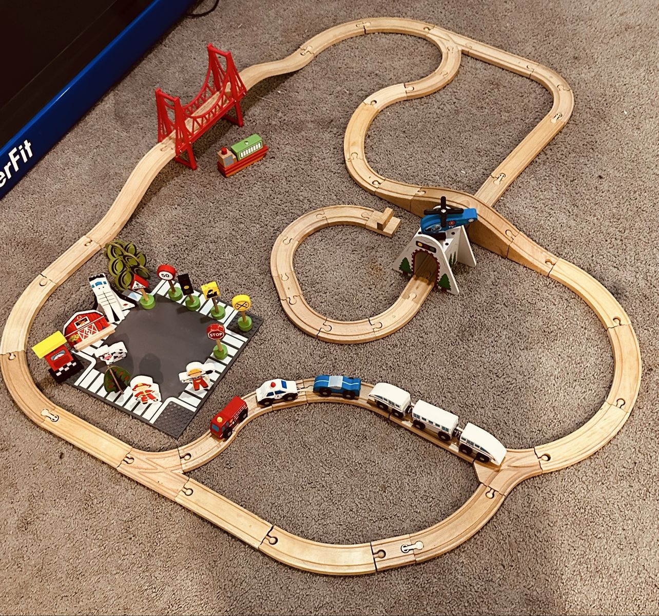 Wooden Train Track Set with Bridge, Tunnel, and Road Accessories - Complete Play Set for Kids
