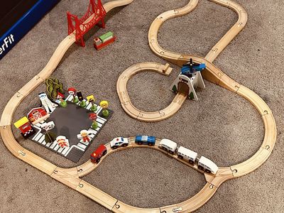 Wooden Train Track Set with Bridge, Tunnel, and Road Accessories - Complete Play Set for Kids