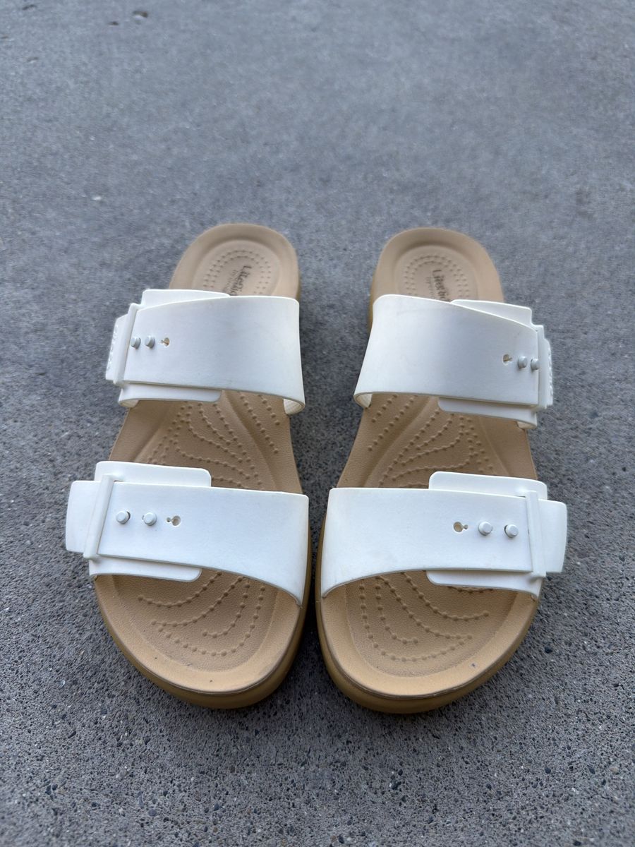 Crocs White and Tan Double Buckle Slide Sandals Size 7