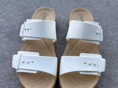 Crocs White and Tan Double Buckle Slide Sandals Size 7
