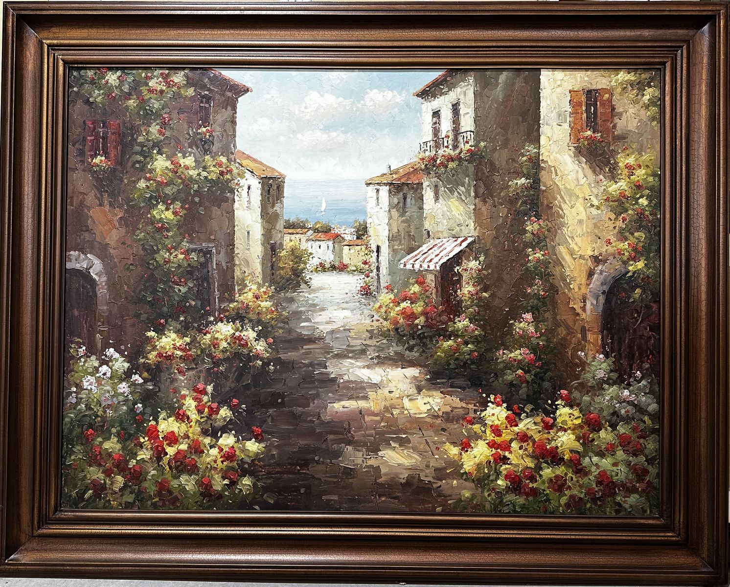 Large Framed Mediterranean Street Scene - Impasto Oil Style - Excellent Condition