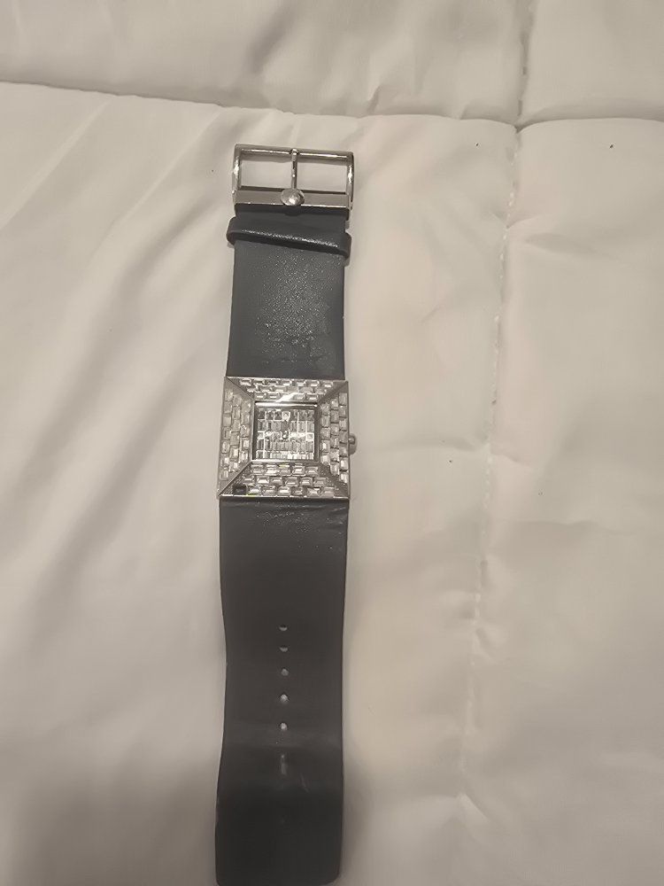 BCBG Women's Black Leatherette Rectangle Crystal Studded Watch