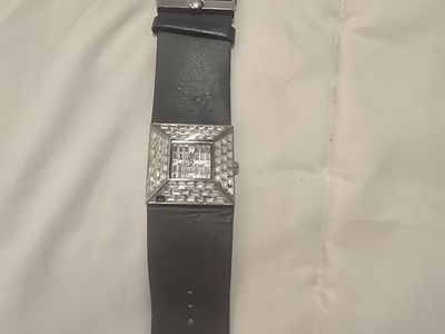 BCBG Women's Black Leatherette Rectangle Crystal Studded Watch