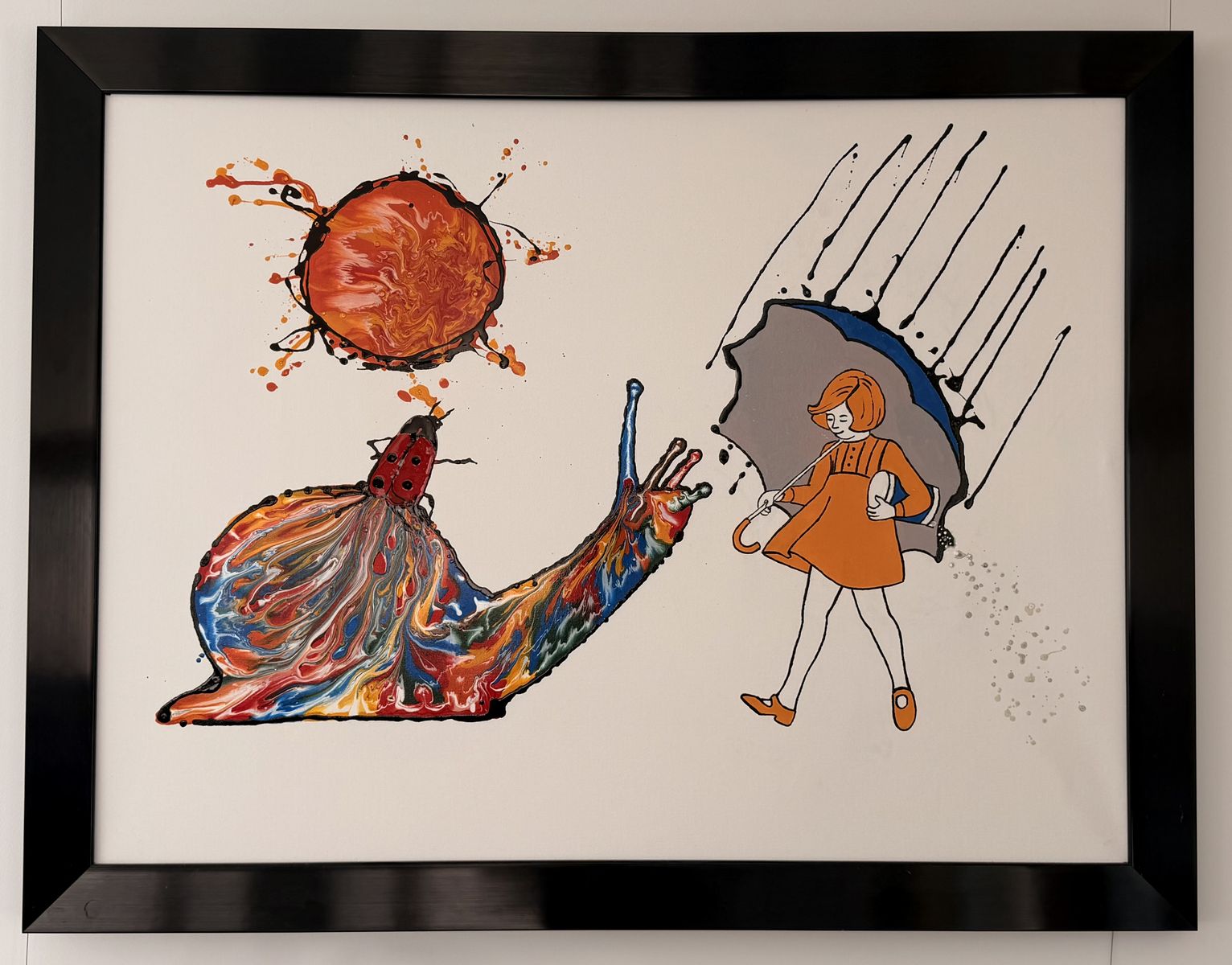 Estate sale - 48" x 36" painting of Morton Salt girl, slug, ladybug, and sun w/black metallic frame