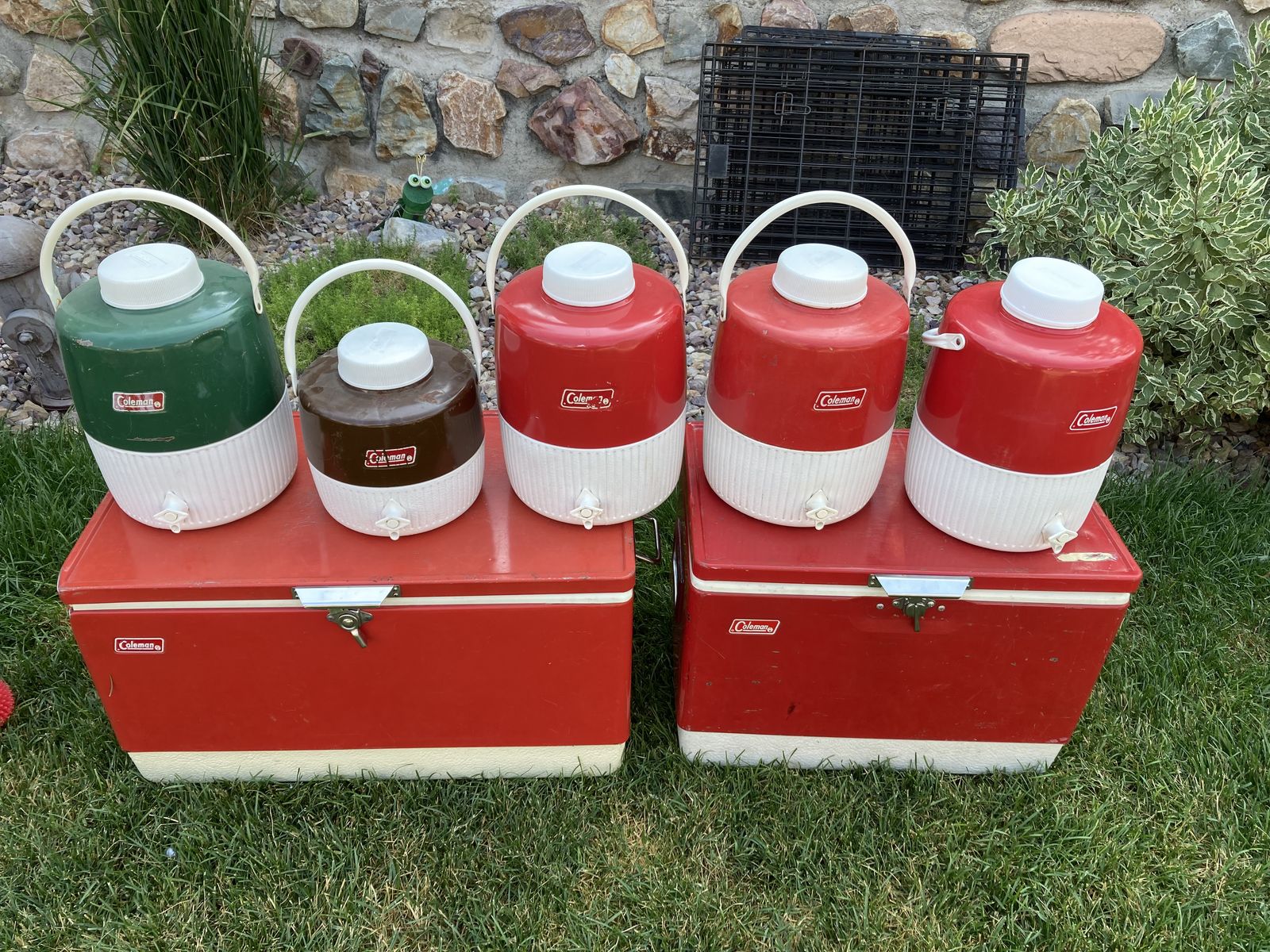 Vintage Coleman Cooler & Water Jugs Set - Red, Green, Brown - Retro Camping Picnic Gear