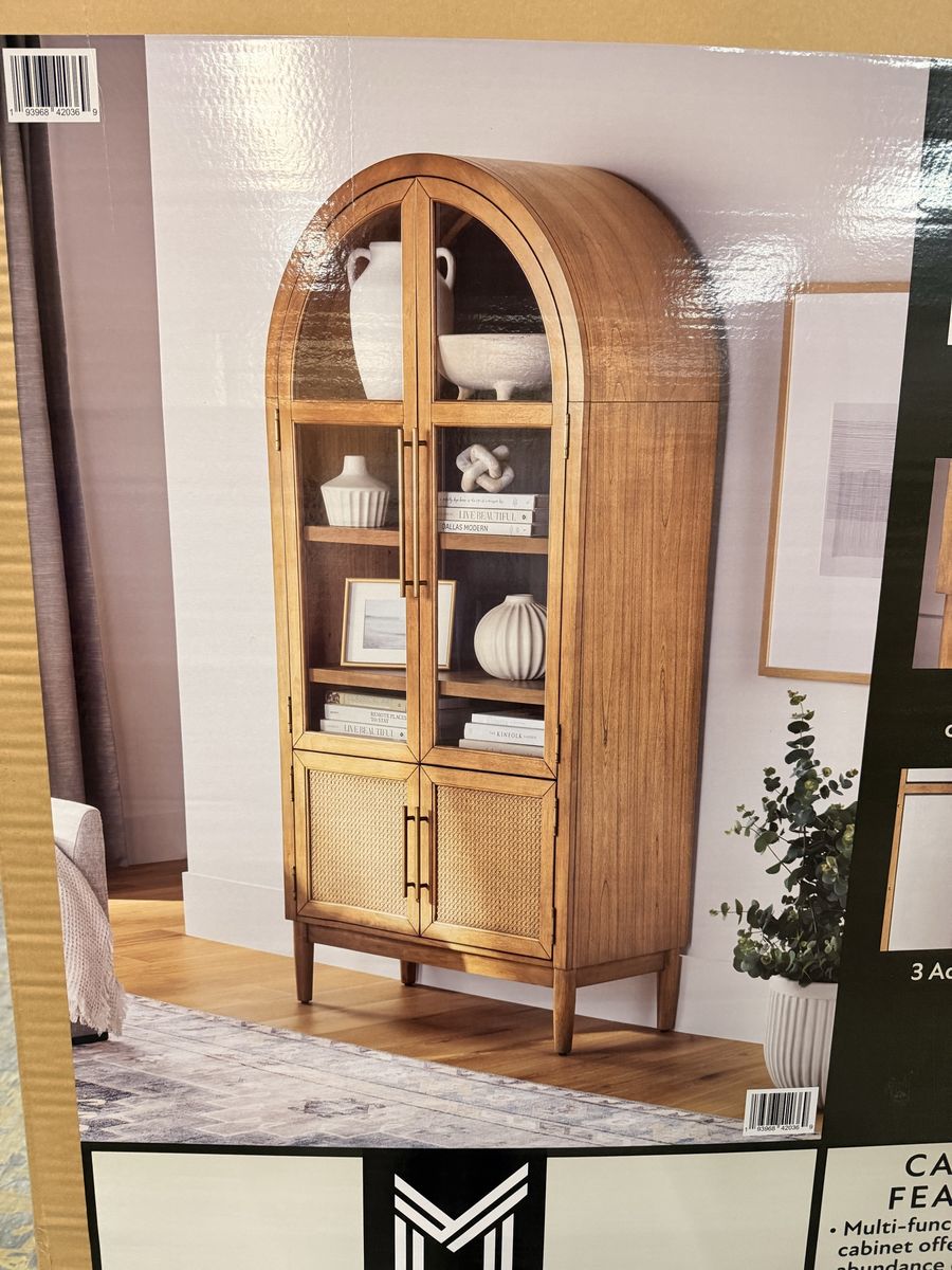 Modern Arched Wood Veneer Display Cabinet with Glass and Woven Doors