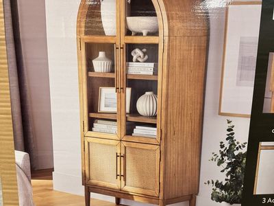 Modern Arched Wood Veneer Display Cabinet with Glass and Woven Doors