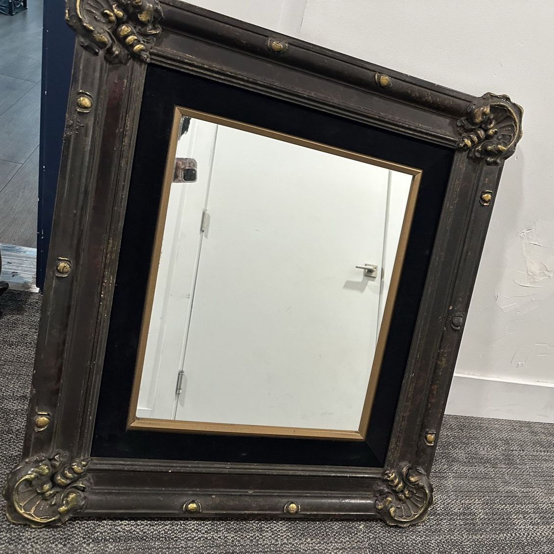 Vintage Dark Wood Ornate Wall Mirror with Gold Accents and Black Velvet Trim, 24" x 28"