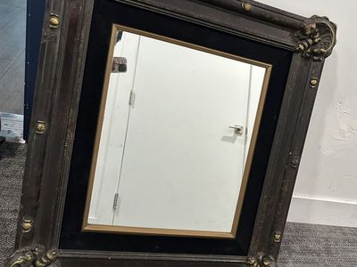 Vintage Dark Wood Ornate Wall Mirror with Gold Accents and Black Velvet Trim, 24" x 28"