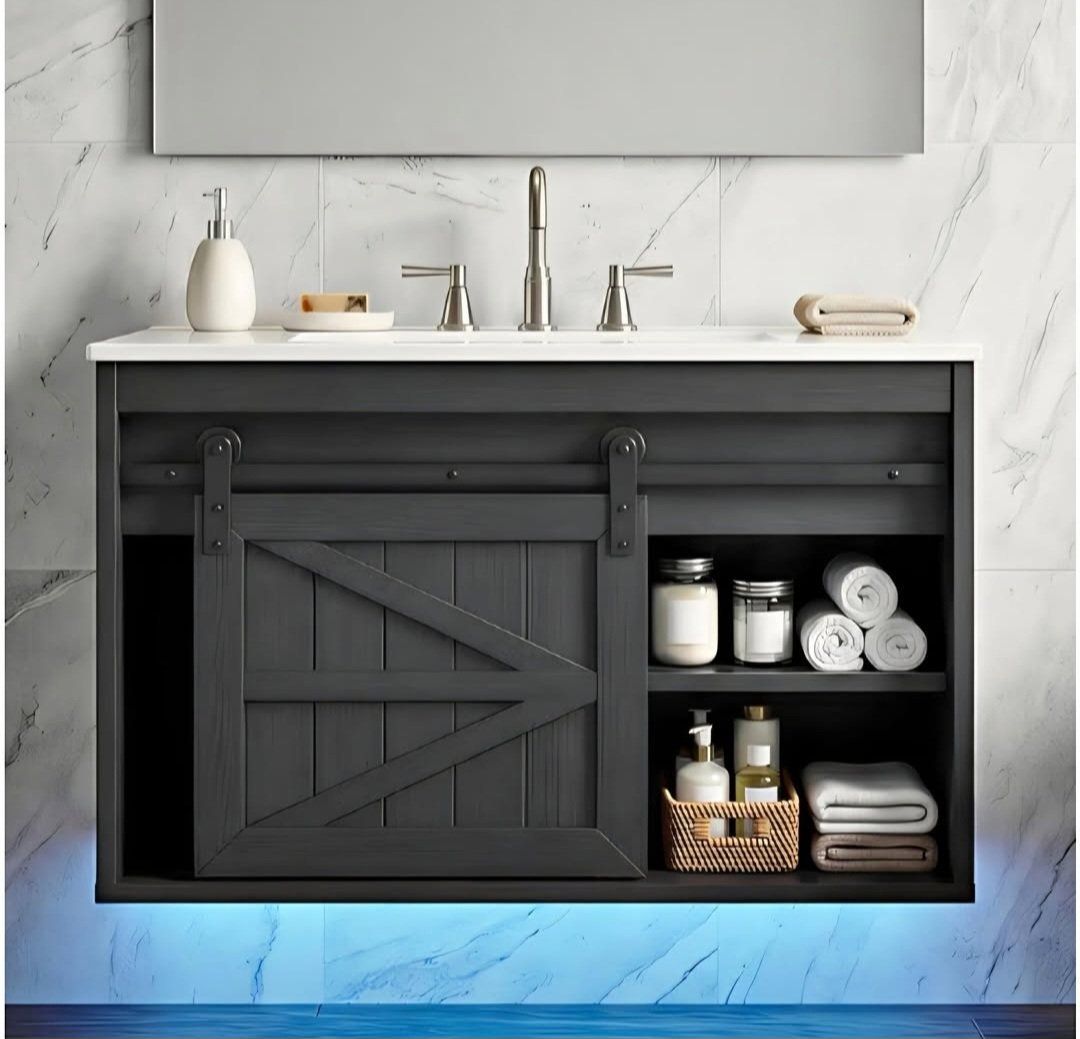 DWVO 24" LED Bathroom Vanity with Sink, Farmhouse Sliding Barn Door Bathroom Cabinet, Bathroom Vanities, Wall Mounted Floating C