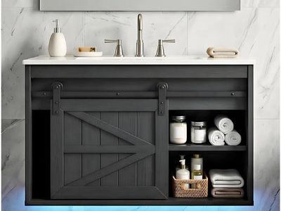 DWVO 24" LED Bathroom Vanity with Sink, Farmhouse Sliding Barn Door Bathroom Cabinet, Bathroom Vanities, Wall Mounted Floating C