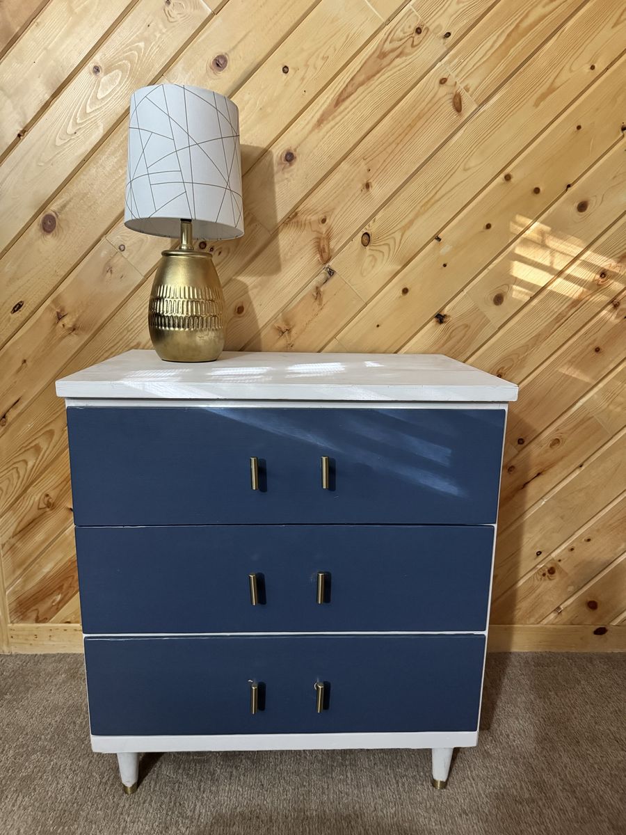 Custom Painted Navy & White 3-Drawer Dresser/Nightstand with Gold Hardware - Modern Chic