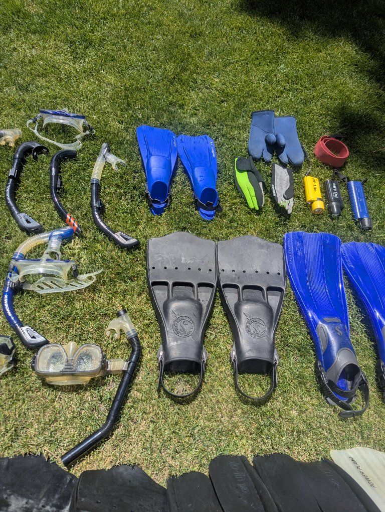 Large Lot of Dive & Snorkel Gear - Fins, Masks, Snorkels, Gloves & More - Assorted Sizes. CALL FOR PRICING