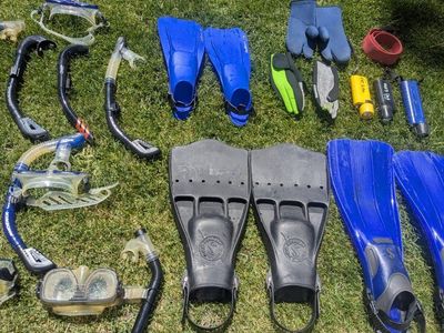 Large Lot of Dive & Snorkel Gear - Fins, Masks, Snorkels, Gloves & More - Assorted Sizes. CALL FOR PRICING