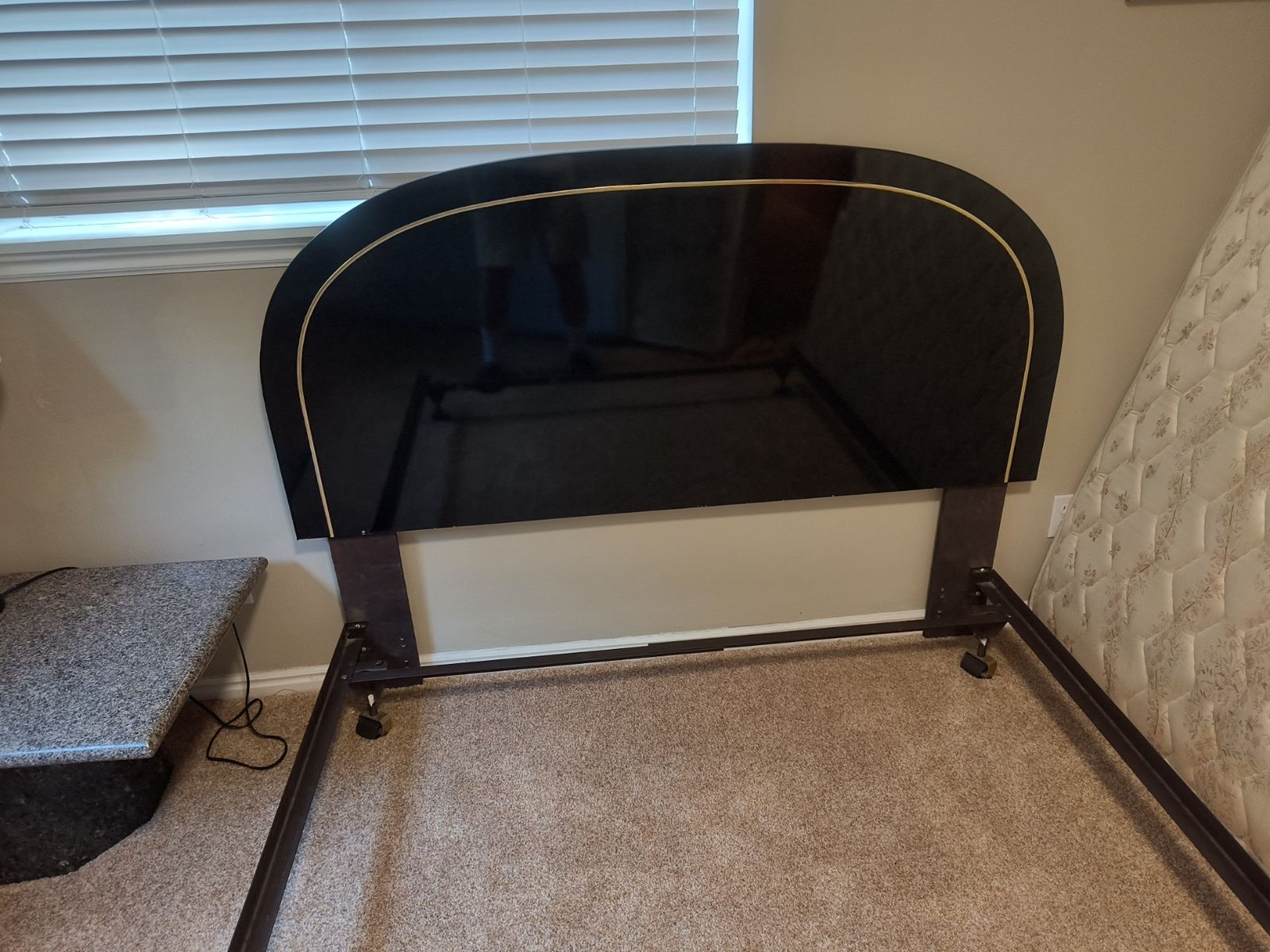 Queen Black Wooden Headboard with Gold Accent Line and bed frame