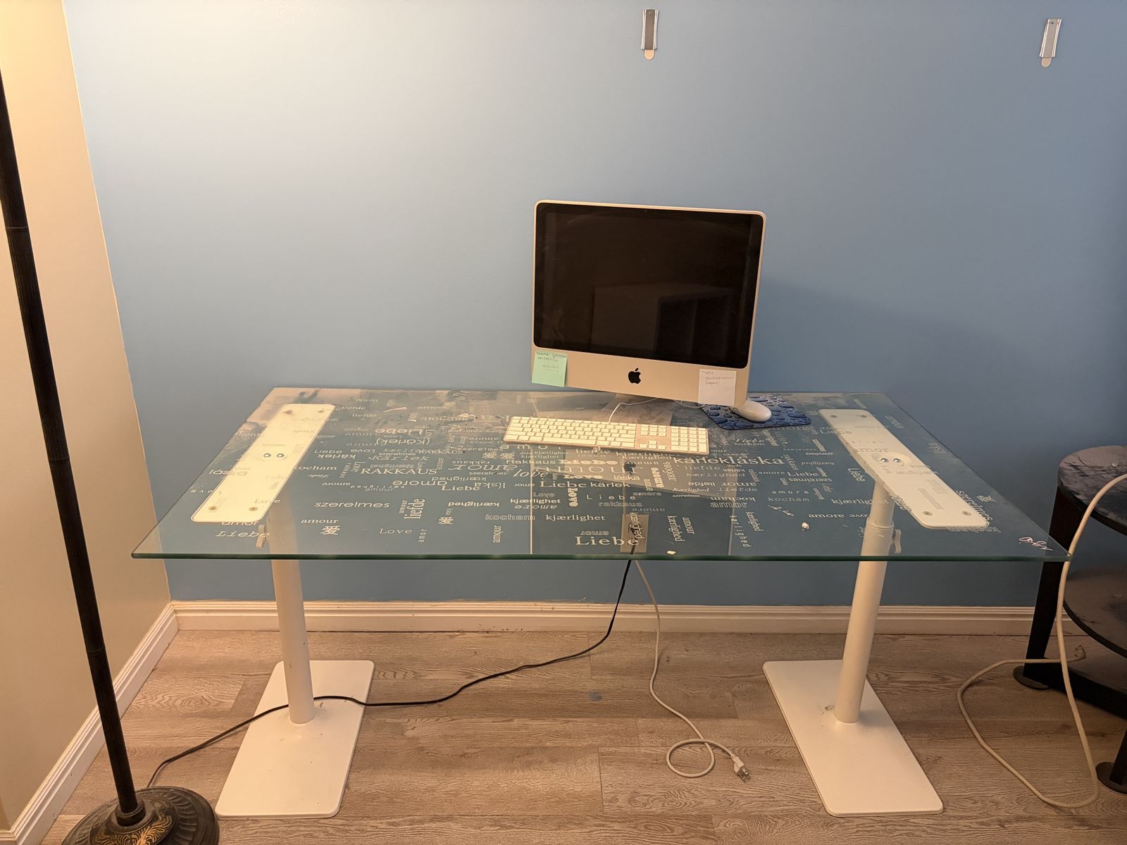 Glass Top Desk with Blue "Love" Word Graphic and White Metal Legs