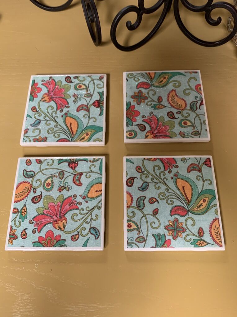 4 Colorful Boho Ceramic Coasters