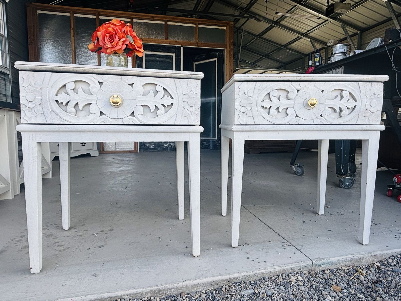 Pair of Vintage White Carved Wood Nightstands / End Tables with Single Drawer