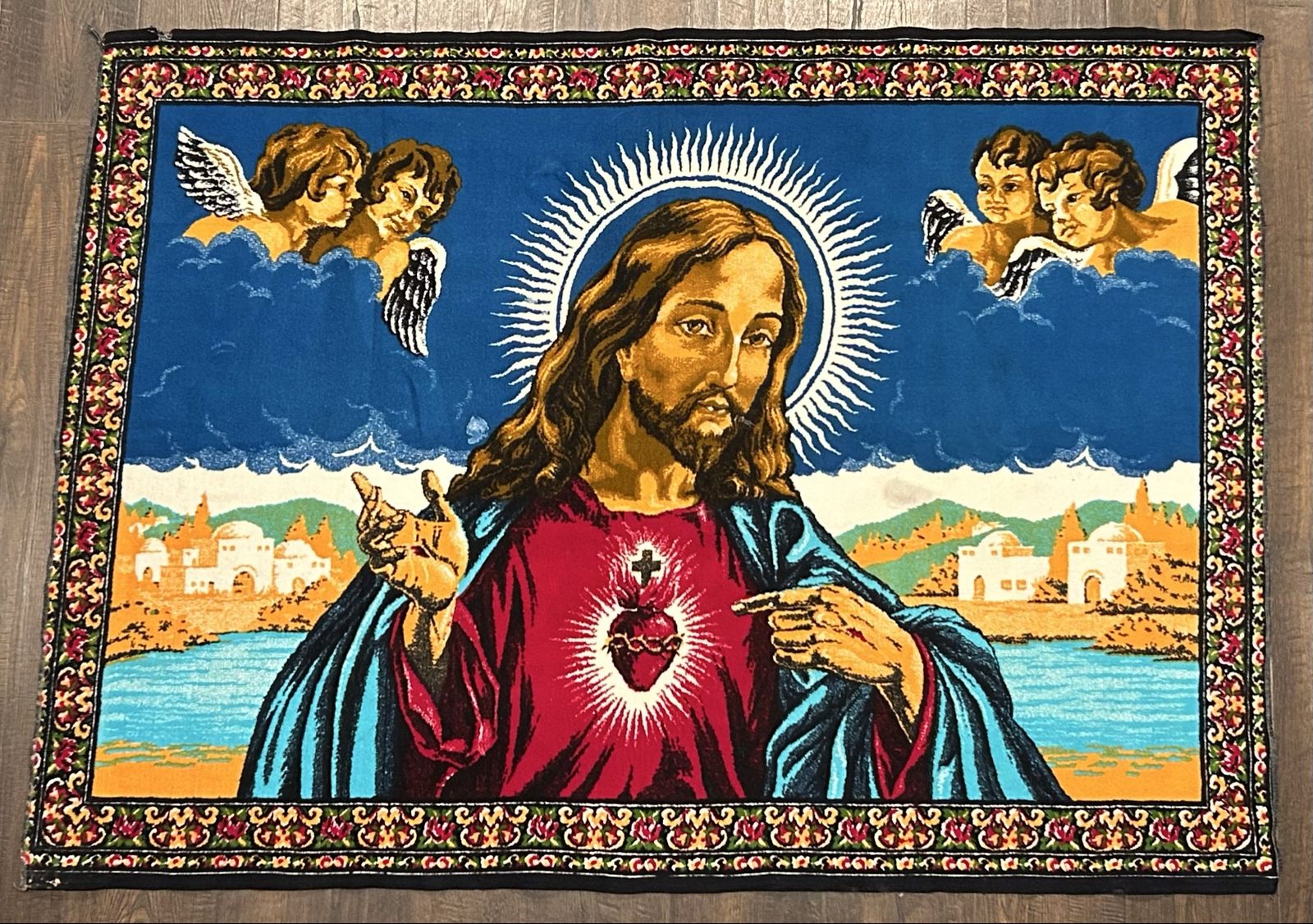 Vintage Sacred Heart Jesus Velveteen Tapestry